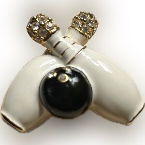Vintage enamel and clear pave crystals bowling pin and call brooch gold tone